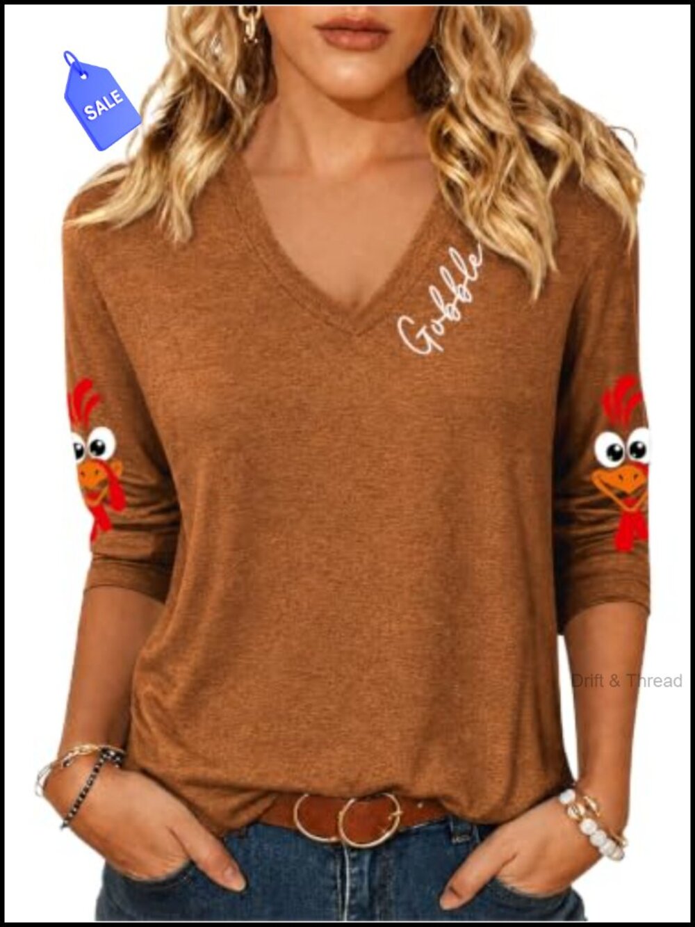 Gobble Gobble Turkey Thanksgiving 3/4 Sleeve V Neck Tee